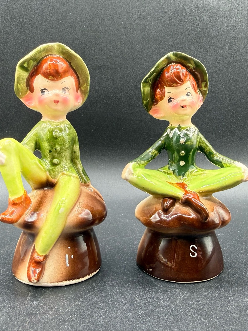 Enesco Green and Brown Ceramic Pixie Figurine Salt and Pepper Shakers